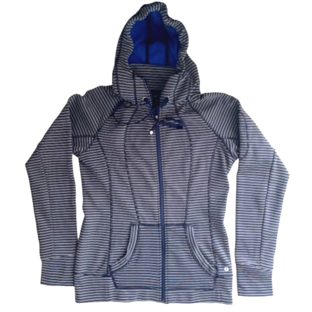 Athleta Full Zip Striped Hoodie Dual Pockets Fleece Lined Navy Blue White Medium